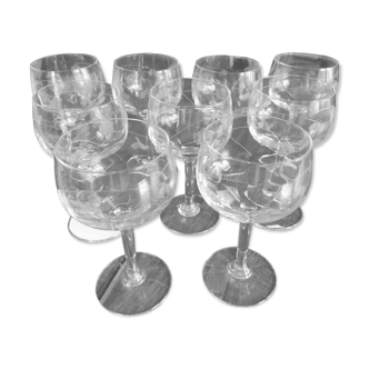 Set of 9 antique chiseled crystal balloon glasses