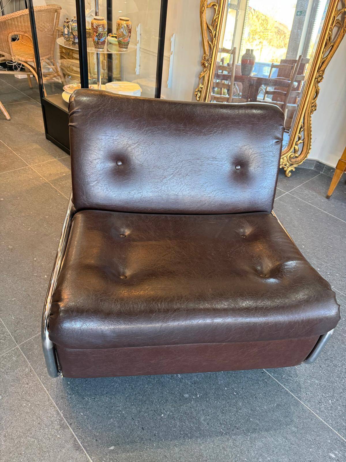 Beka-france convertible armchair in brown leather – chrome structure – 1970s