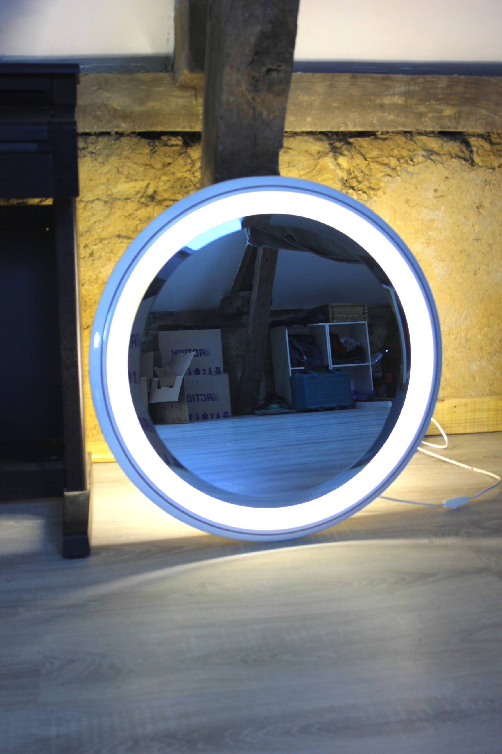 Large Round Vintage Ceramic Light Mirror Space Age 68cm - 1970s