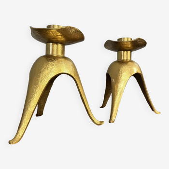 Pair of gilt bronze tripod candlesticks after Paul Maitland Smith