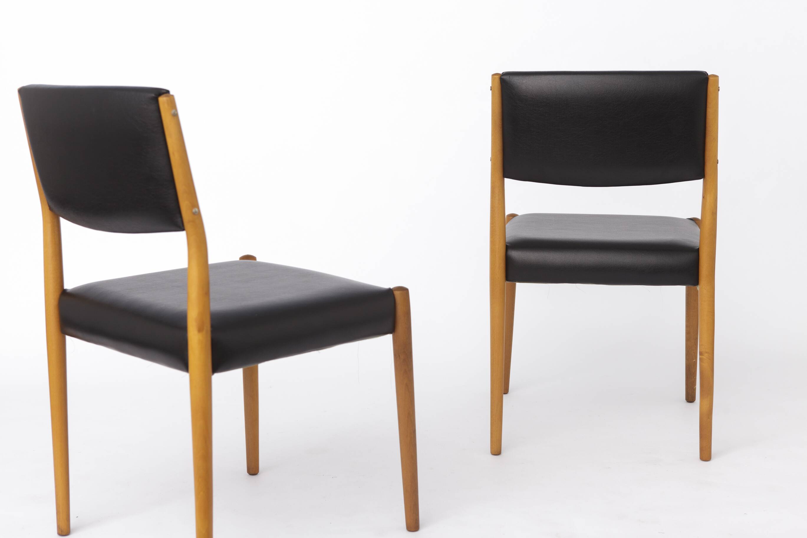 Pair of Vintage German Chairs, 1960s–1970s, Beechwood, Black Faux Leather