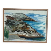 Huile sur toile suédoise "Au bord" par B. Blocking, vintage et encadrée 51x39cm