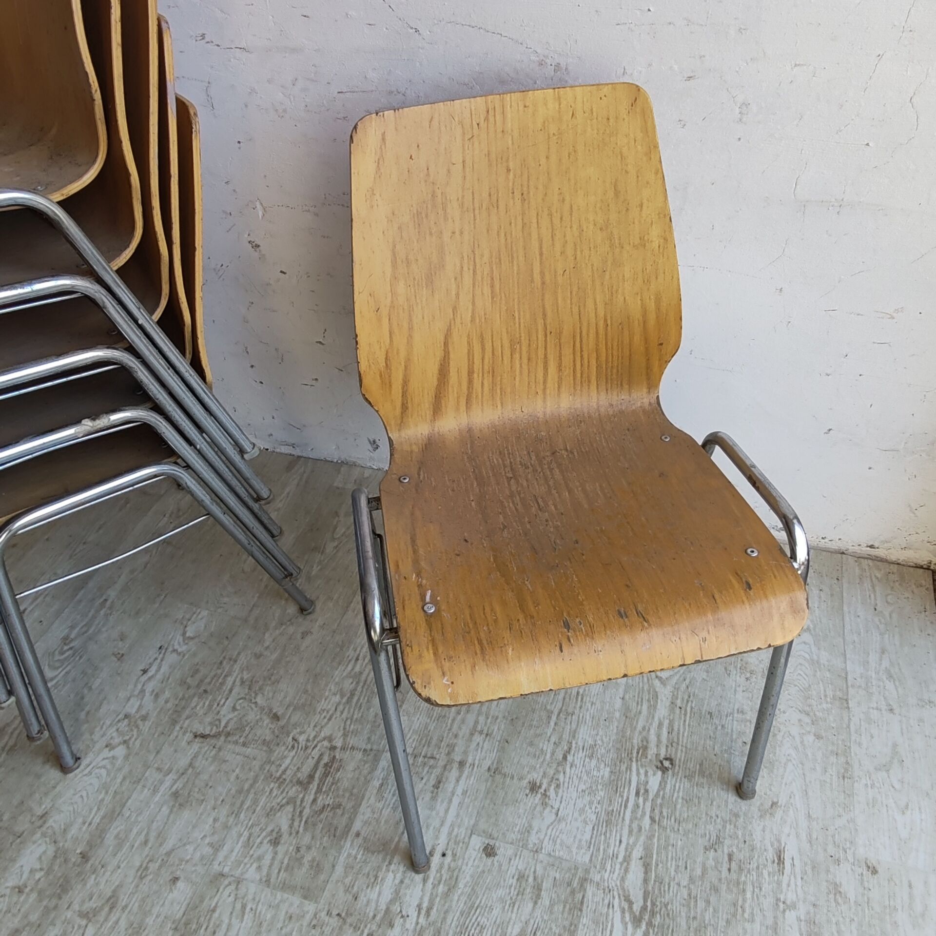 Set of 6 Vintage Bentwood Stacking Chairs Chrome Frame Mid Century