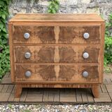 Art Deco chest of drawers in raw walnut burl