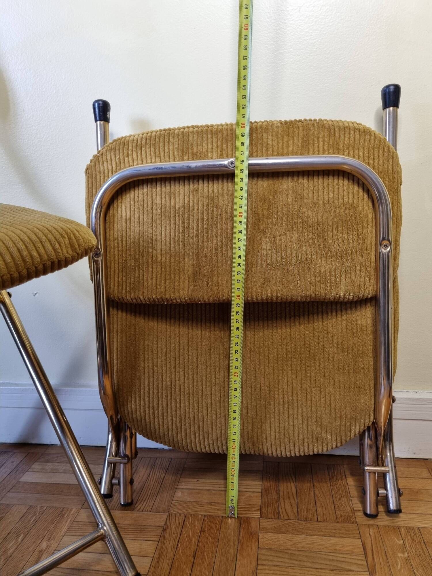 Pair of vintage folding chairs in gilded metal and 70s fabrics, restored