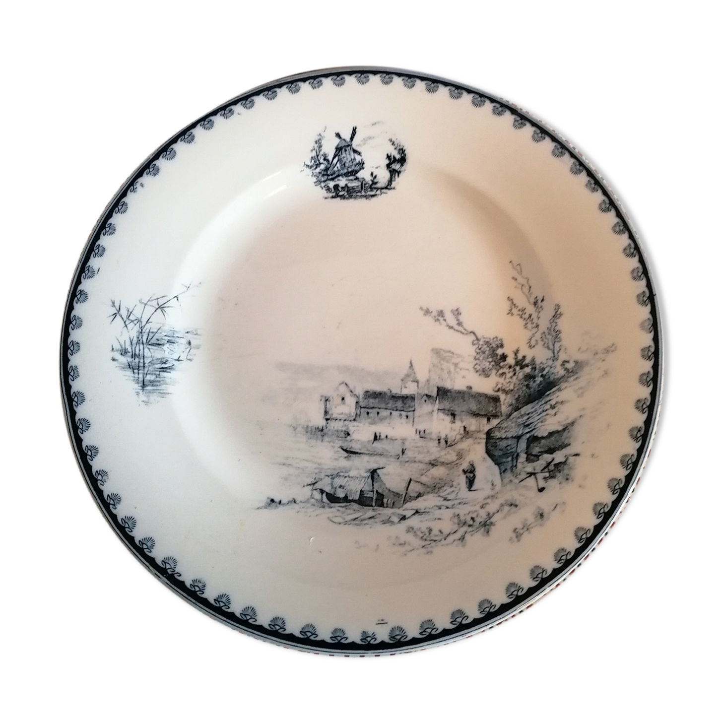 Former plate earthenware iron earth, blue landscape décor, Vermont - Blanchet Paris 19th