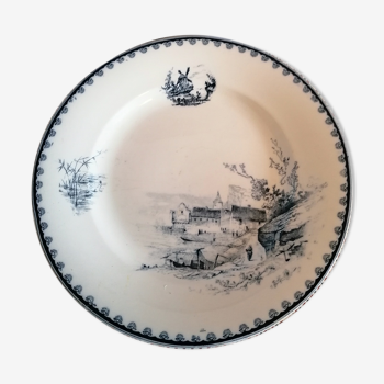 Ancienne assiette faïence terre de fer, décor paysage bleu, Vermont & Blanchet Paris 19ème