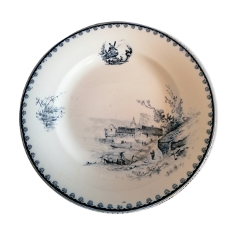 Ancienne assiette faïence terre de fer, décor paysage bleu, Vermont & Blanchet Paris 19ème