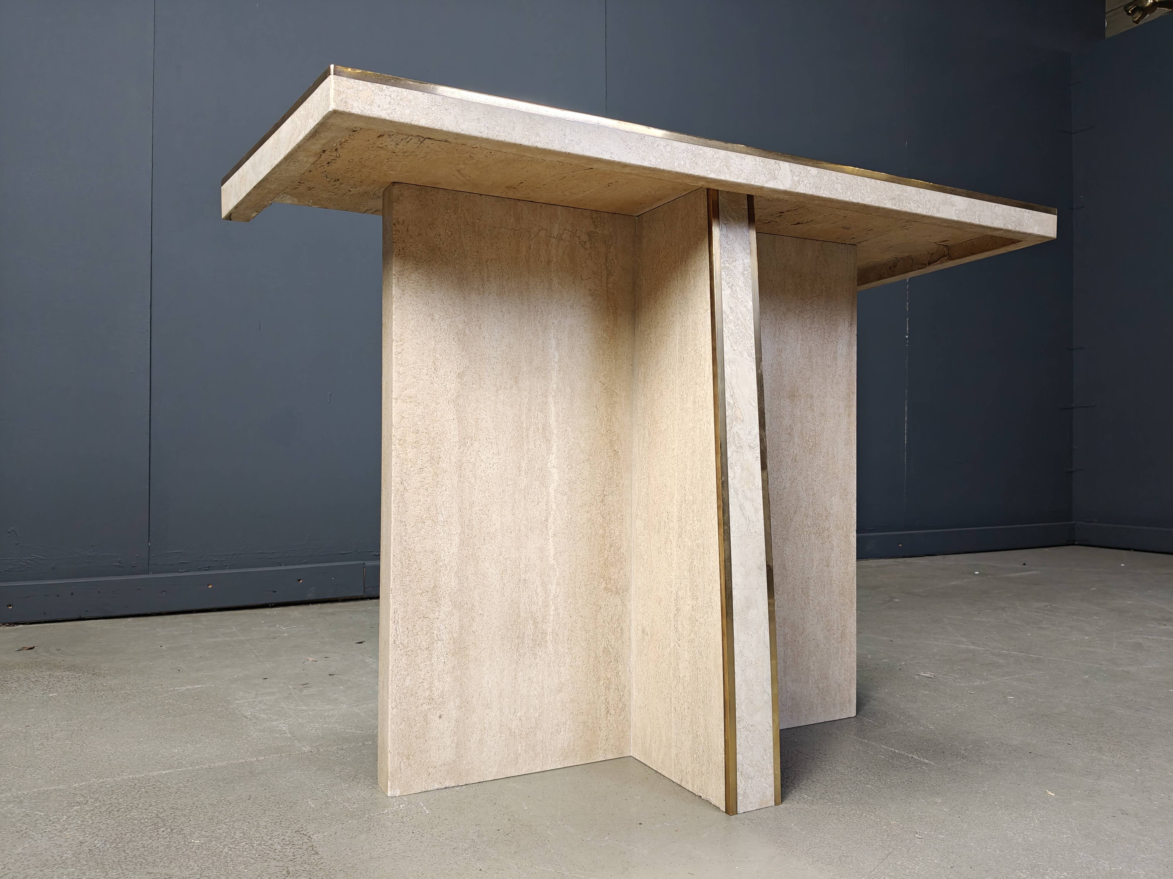 Vintage travertine and brass console table, 1970s