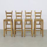 Vintage Barstools in Oak and Rattan, 1970s, set of 4
