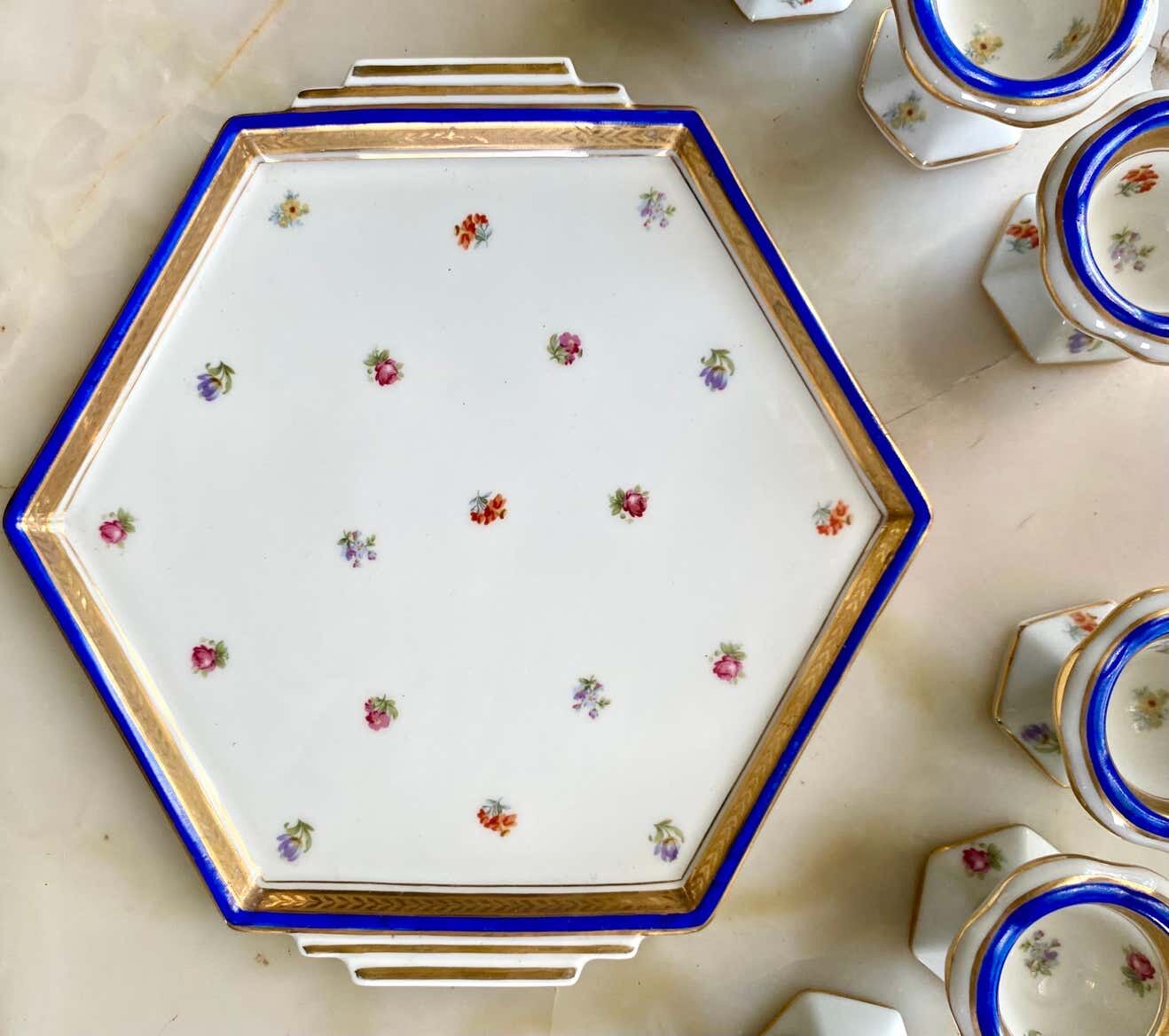 Blue and gold sweet egg set in Limoges porcelain, France, 1928