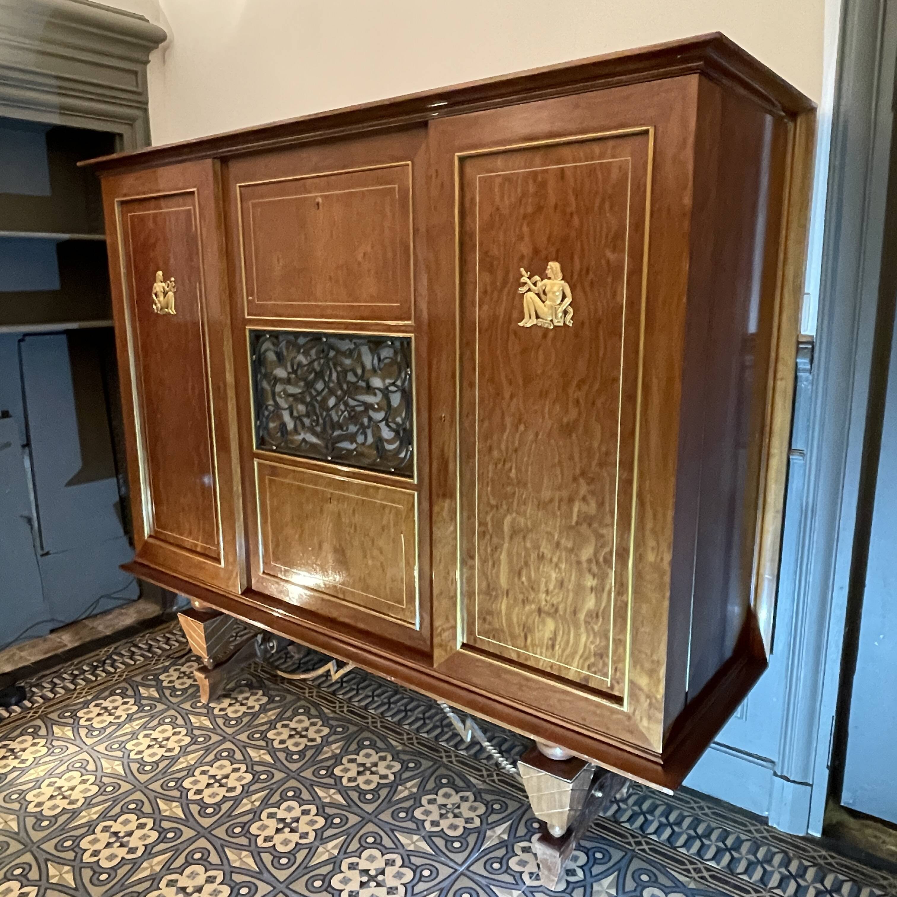 Art Deco sideboard or bar furniture, various veneers, bronze and ironwork, c