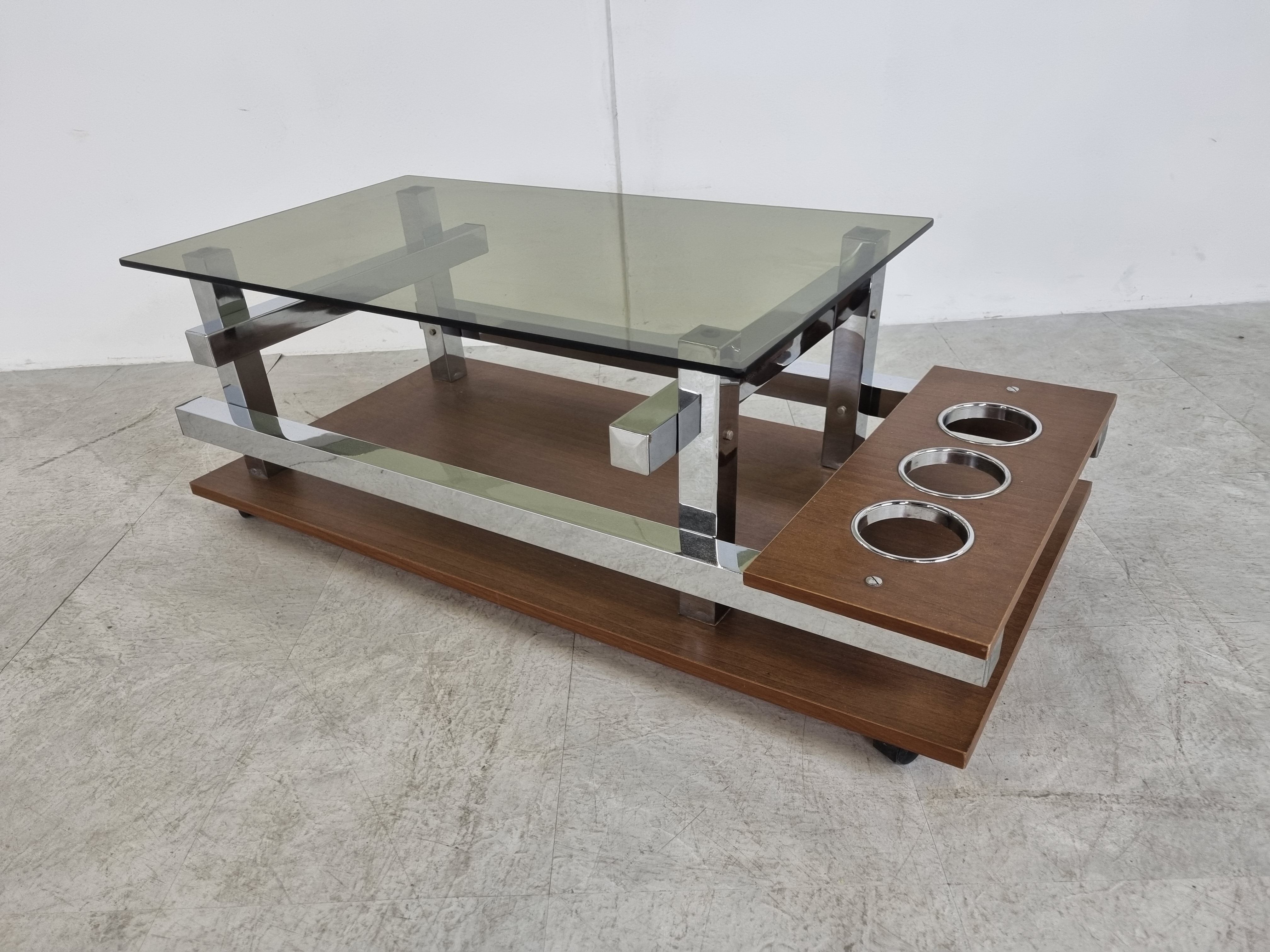 Vintage teak and chrome bar coffee table, 1960s