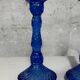 Pair of vintage cobalt blue twisted glass candlesticks h 24.5 cm
