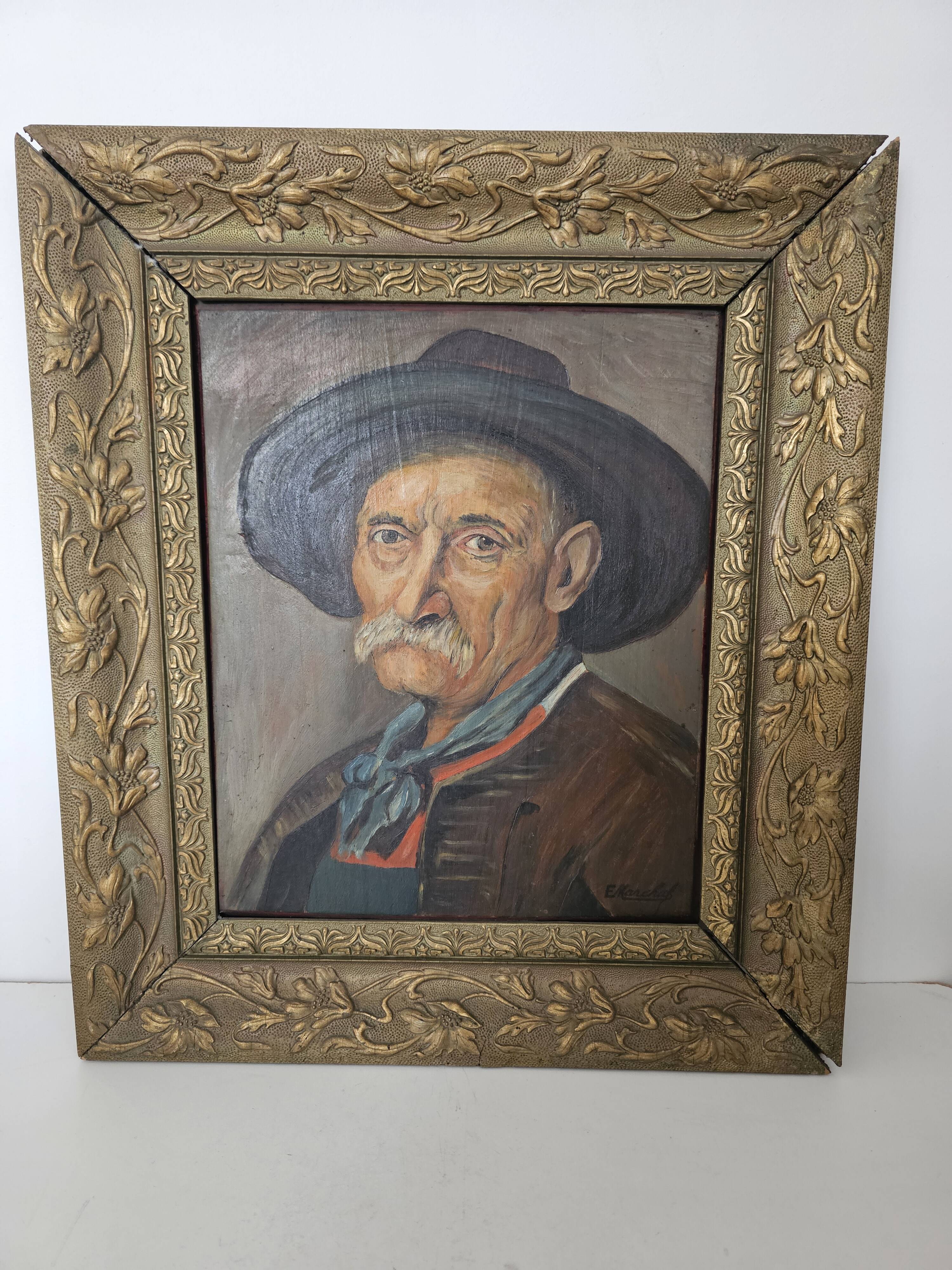 Oil painting on panel, The Mustachioed Man in a Hat, Signed E. Marchal