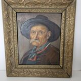 Oil painting on panel, The Mustachioed Man in a Hat, Signed E. Marchal