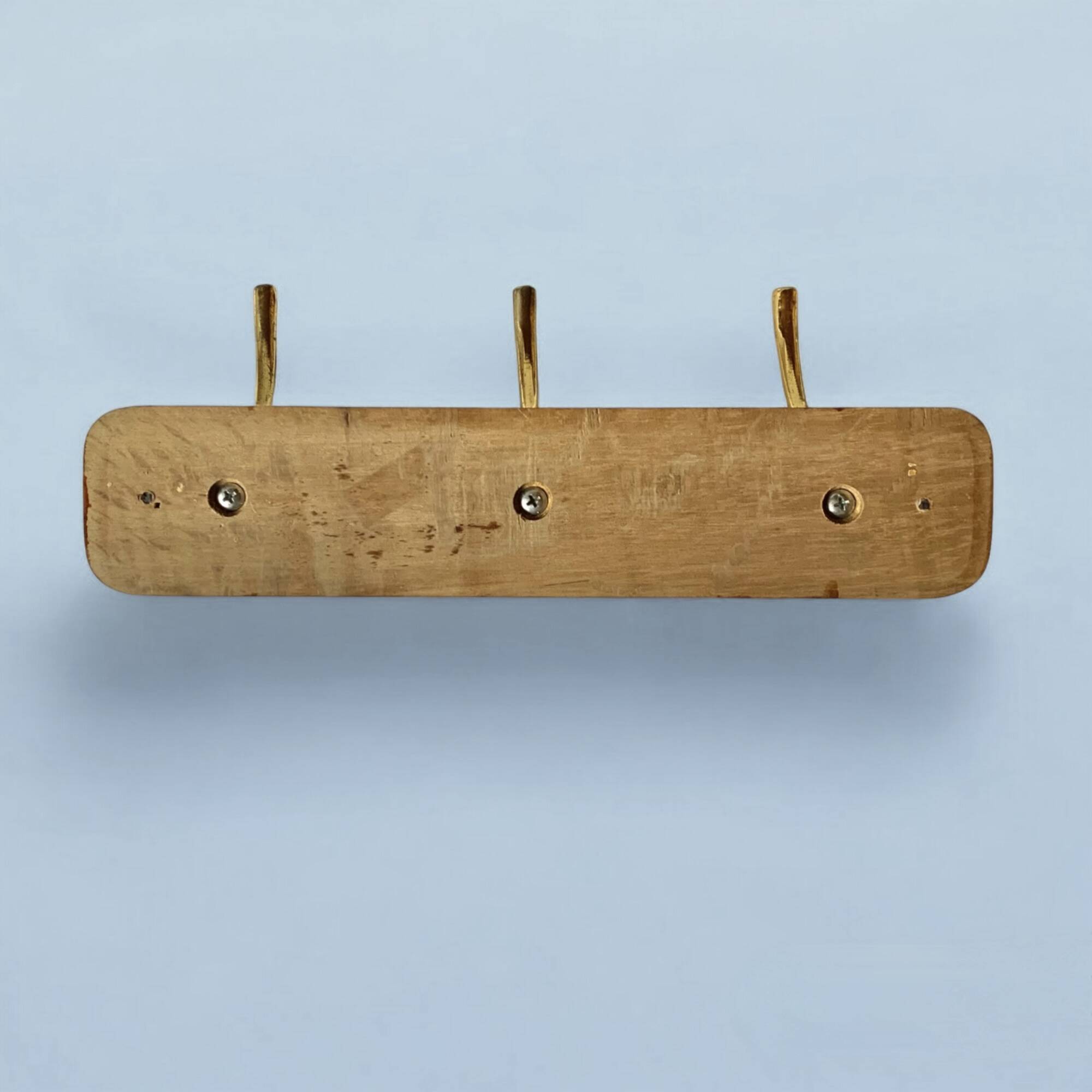 Vintage wall coat rack in lacquered wood - 3 golden hooks