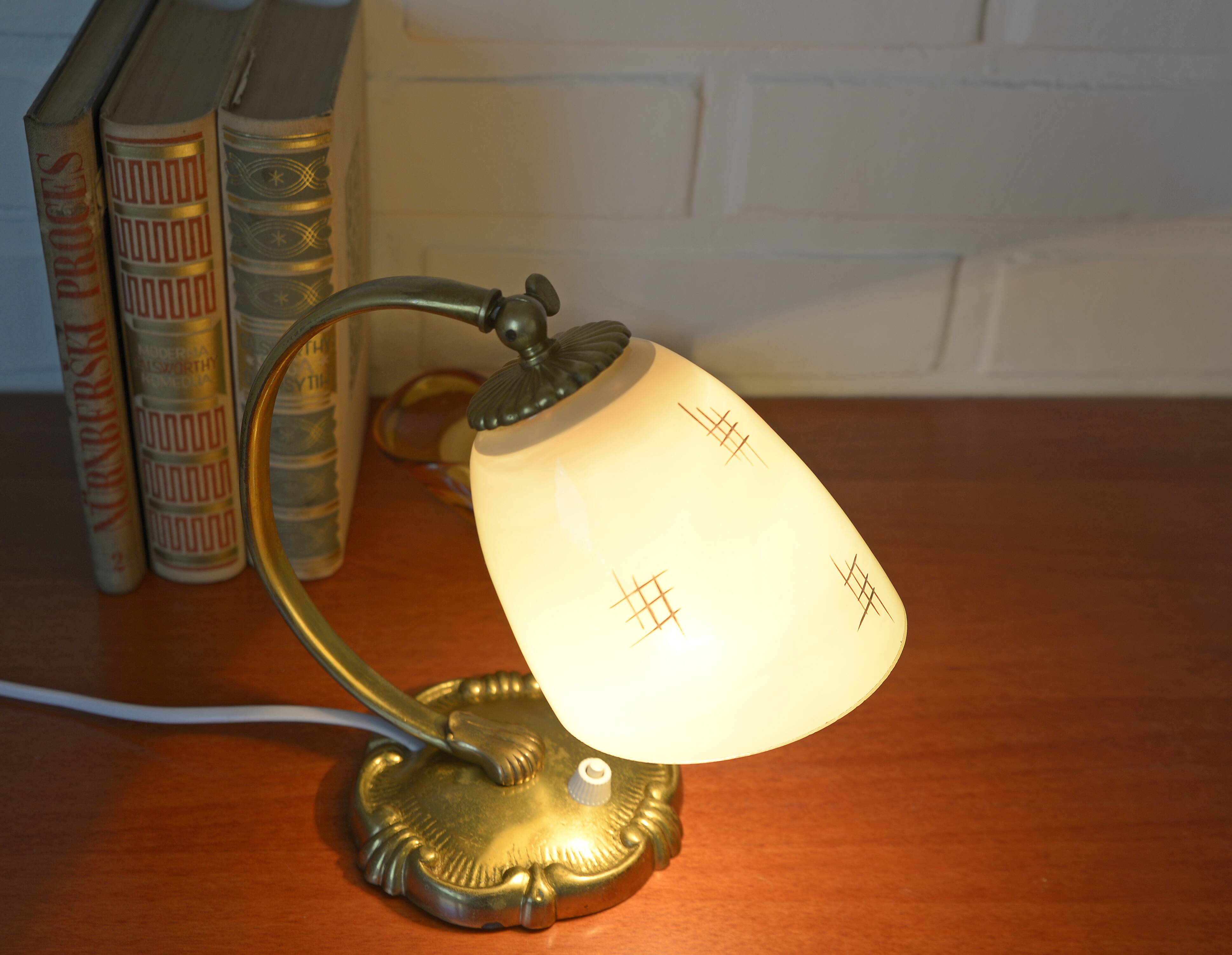 Antique Bedside Lamp / Art Deco Desk Lamp / Brass Table Light / Hand Blown