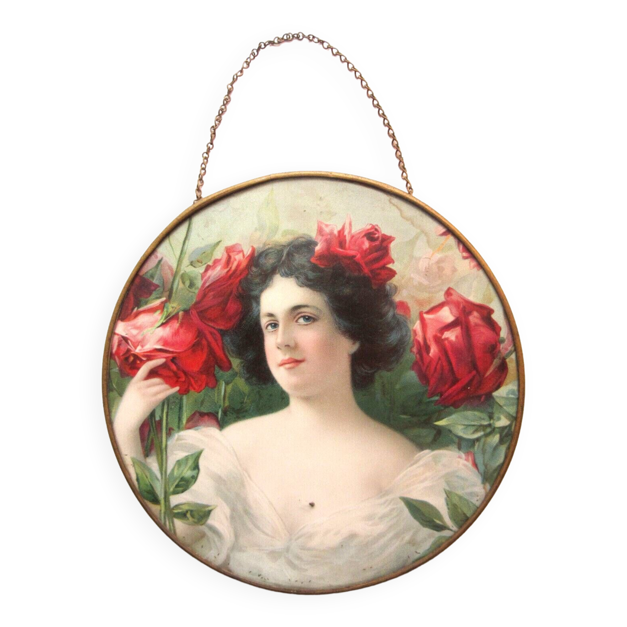 Round wall medallion frame, engraving of a woman with red roses, Art Deco