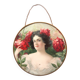 Round wall medallion frame, engraving of a woman with red roses, Art Deco