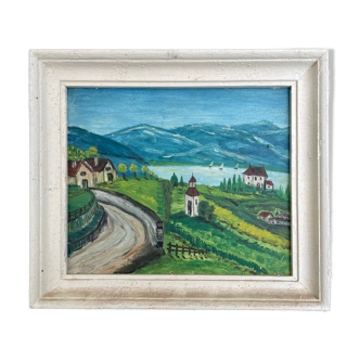 Tableau peinture naïve paysage de montagne signé Bailly XXe