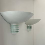 Pair of post-modernist wall lights, white metal and glass, France 1980