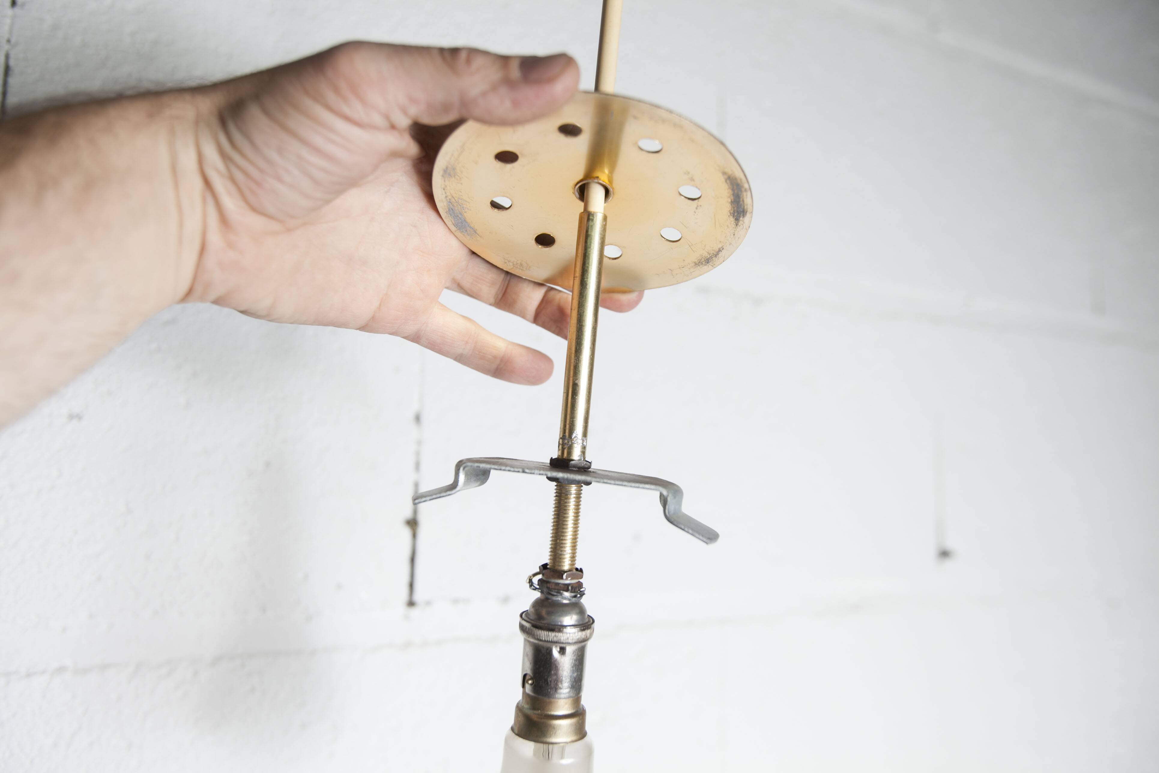 1960s Holophane Ball Pendant Chandelier, Thick Glass, 30 cm, and Vintage Brass