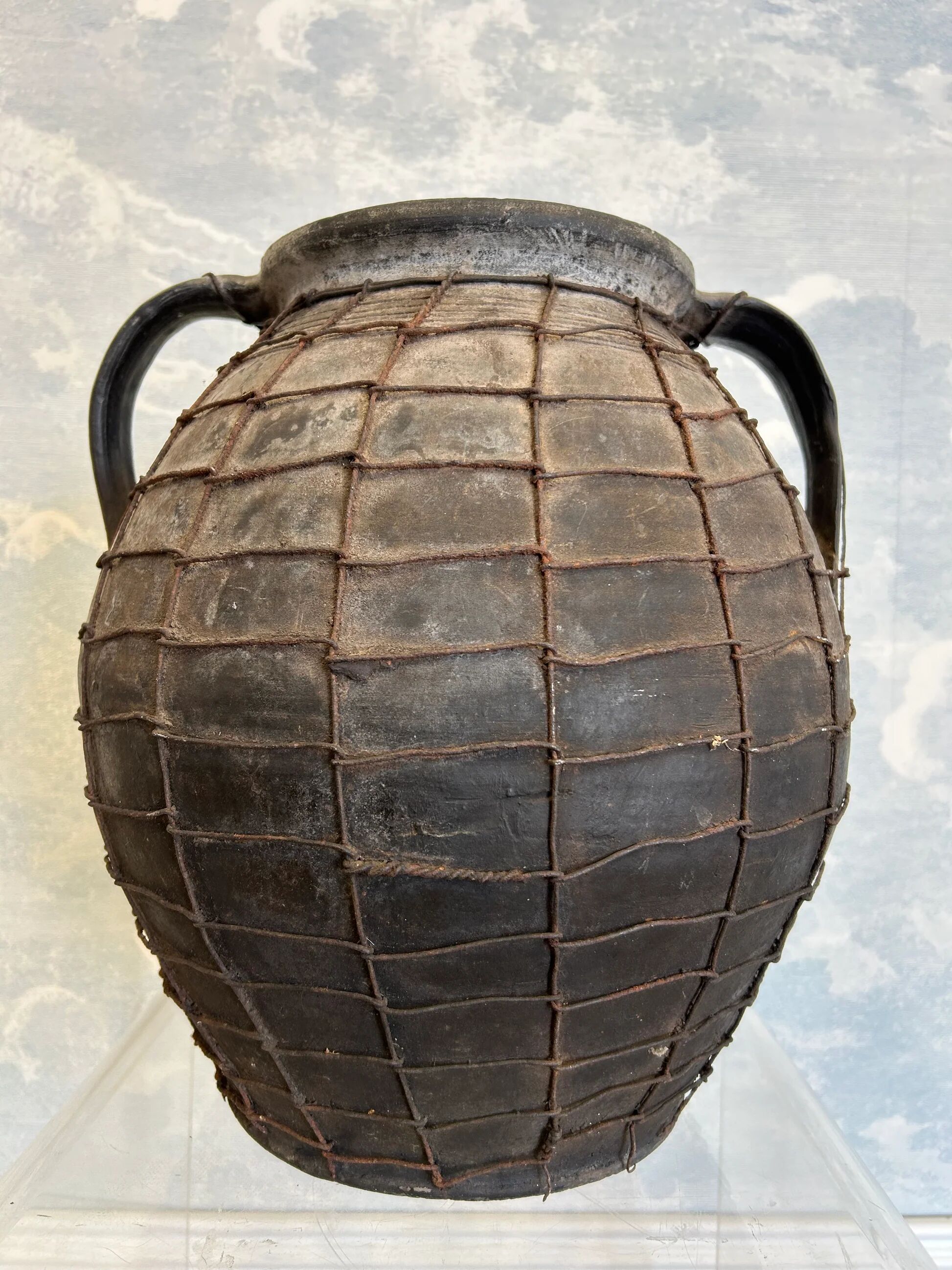 Artisan clay amphora with wire mesh, Romania, circa 1950