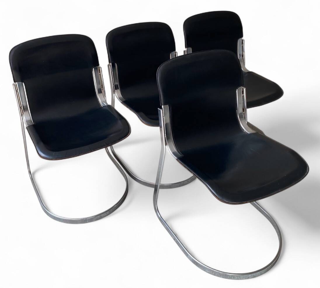 4 leather and chrome metal chairs attributed to Willy Rizzo, 1970s