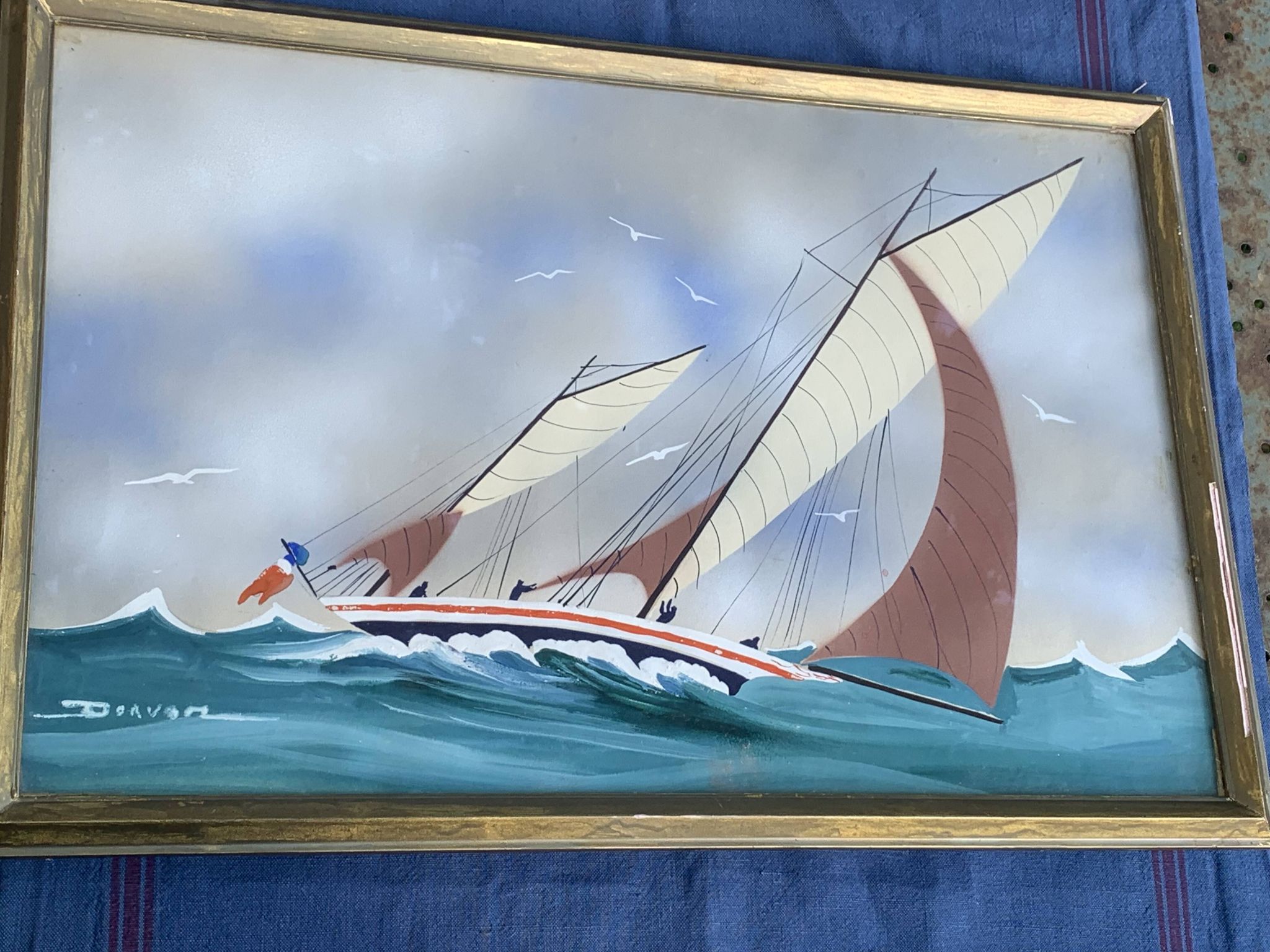 Tableau peinture marine, voilier signe Dorvom, encadre, vintage