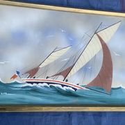 Tableau peinture marine, voilier signe Dorvom, encadre, vintage