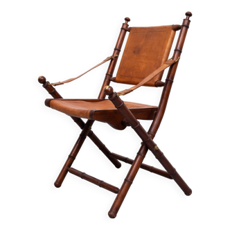 Chaise pliante d'officier en cuir cognac, années 1950