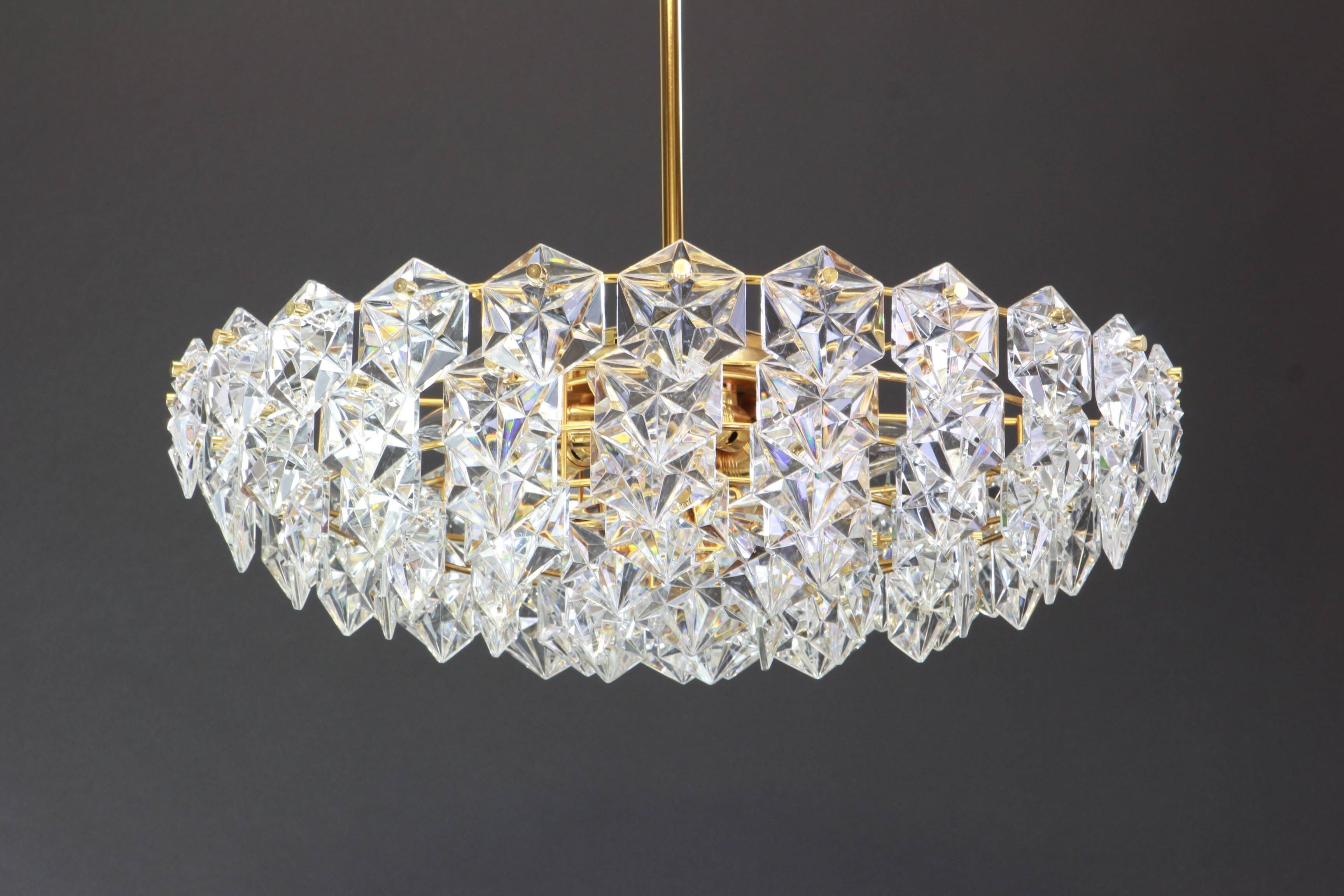 Chandelier, brass and crystal glass by Kinkeldey, Germany, 1970s.