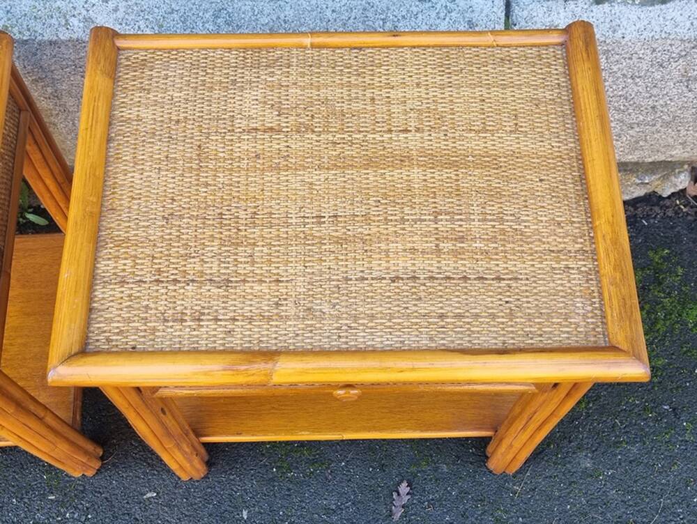 Pair of Maugrion bedside tables for Roche Bobois, bamboo, rattan 70s