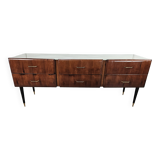 Vintage six-drawer mahogany burl dresser with glass top