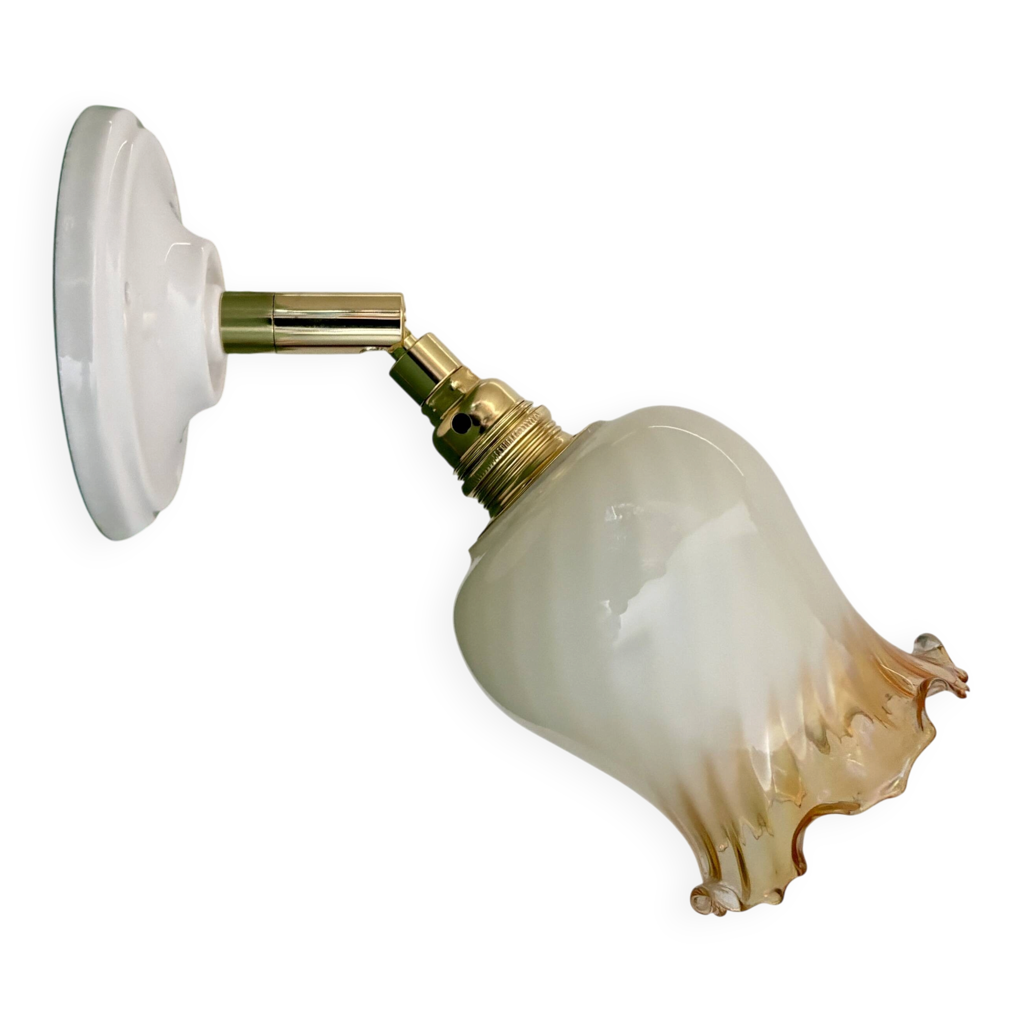 Vintage tulip wall light in white and amber glass