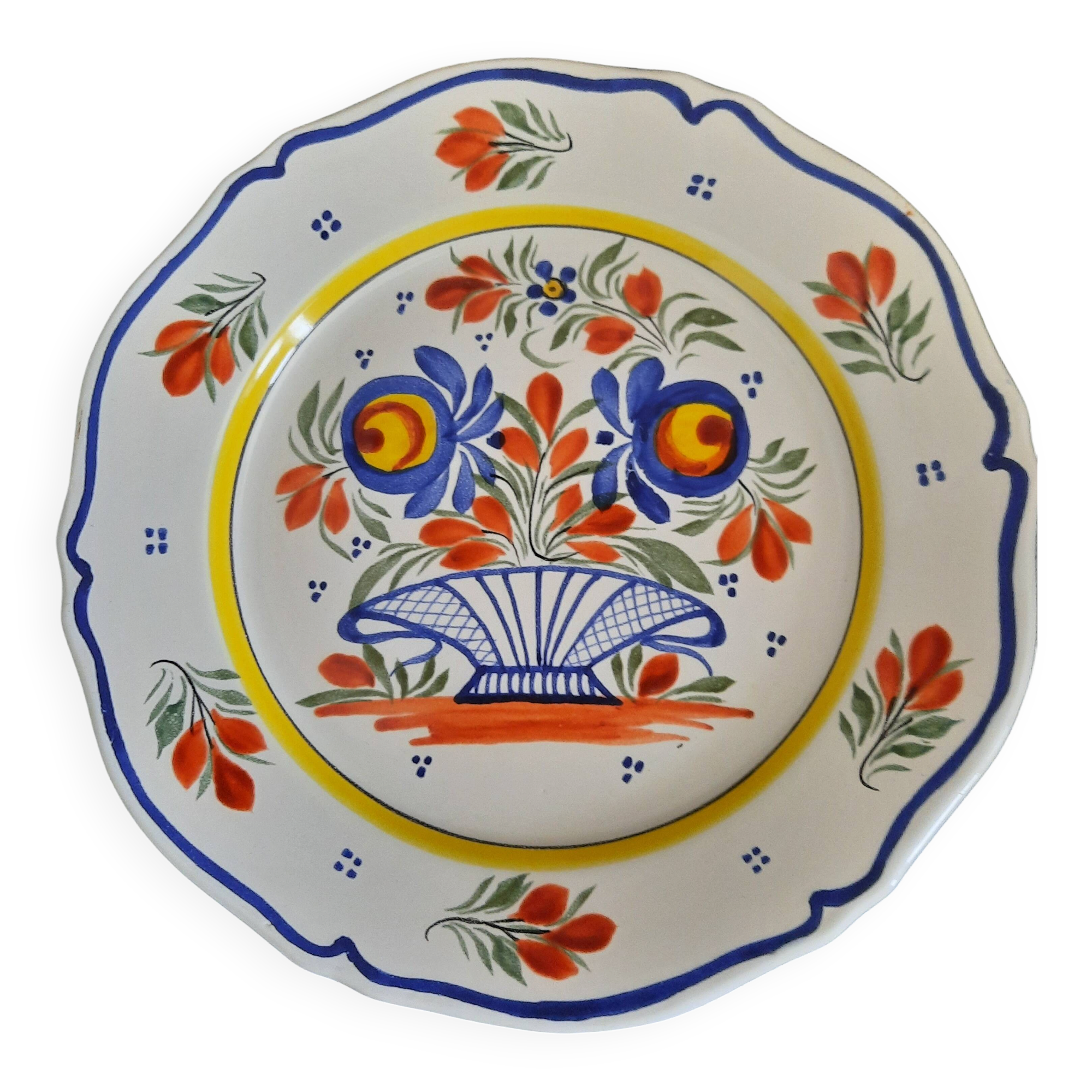 Old flat plate faience henriot quimper basket of flowers decor