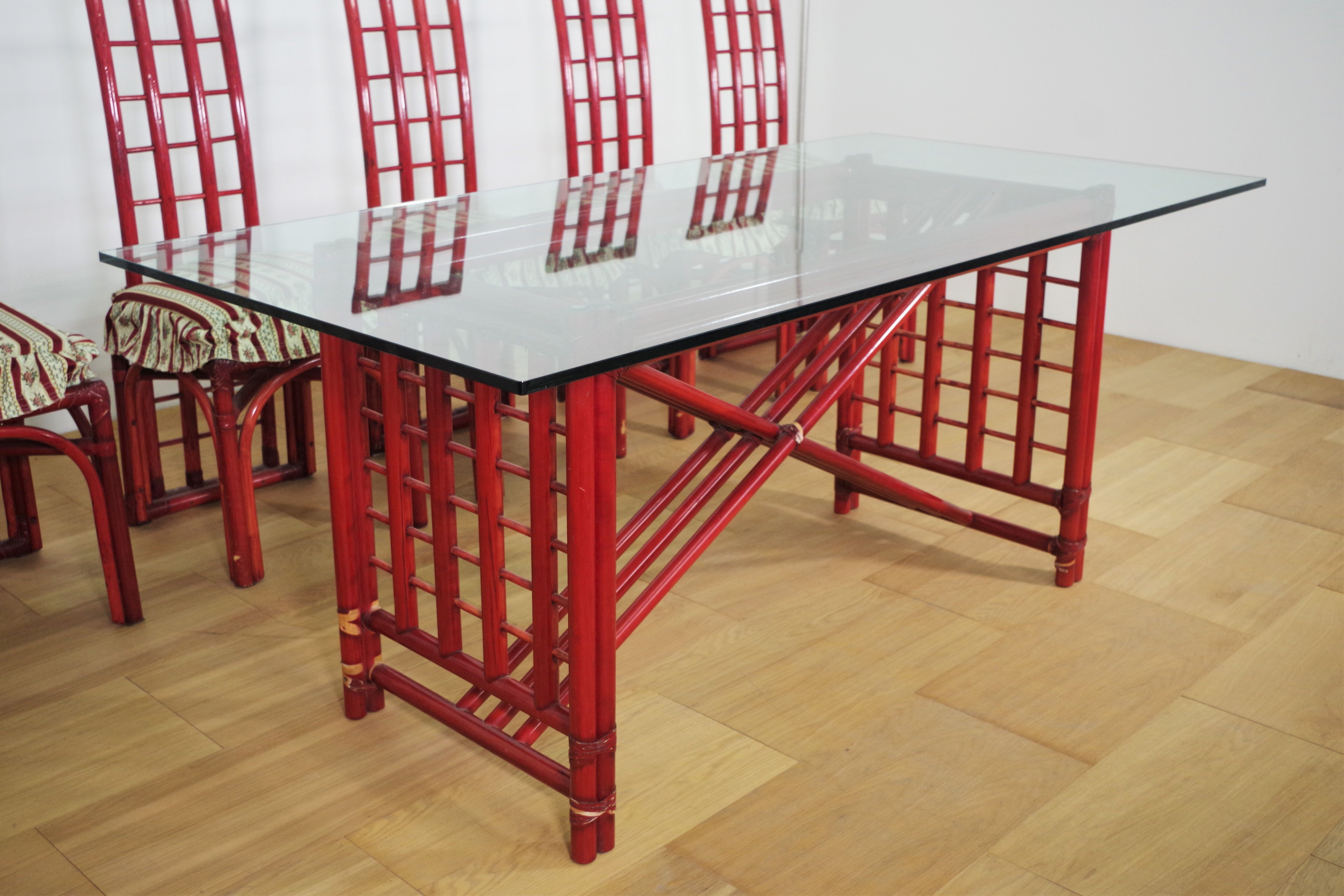 Red bamboo table by Arturo Pozzoli, 1980s, set of 7