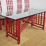Red bamboo table by Arturo Pozzoli, 1980s, set of 7