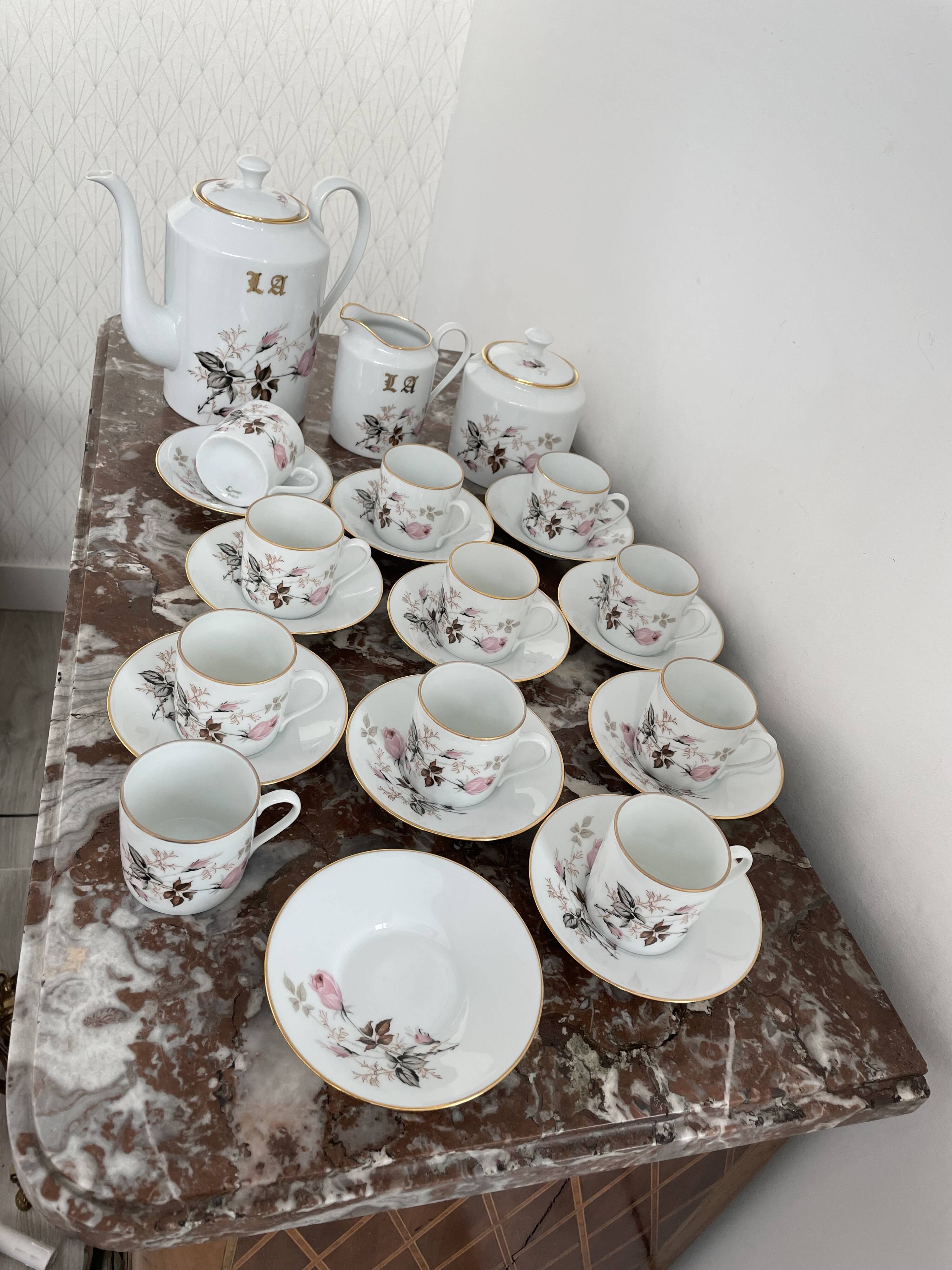 Vintage, coffee service, tea, Limoges, Flowers, cipher, 11 cups and under cups, teapot, 27 pieces