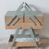 Travailleuse en bois relookée boite à couture porte-plantes , vintage , années 50, pieds compas