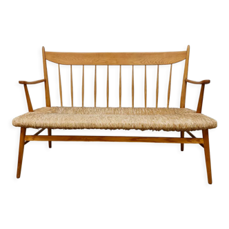 Vintage French rush straw seated sofa hall bench 'Wabi Sabi'