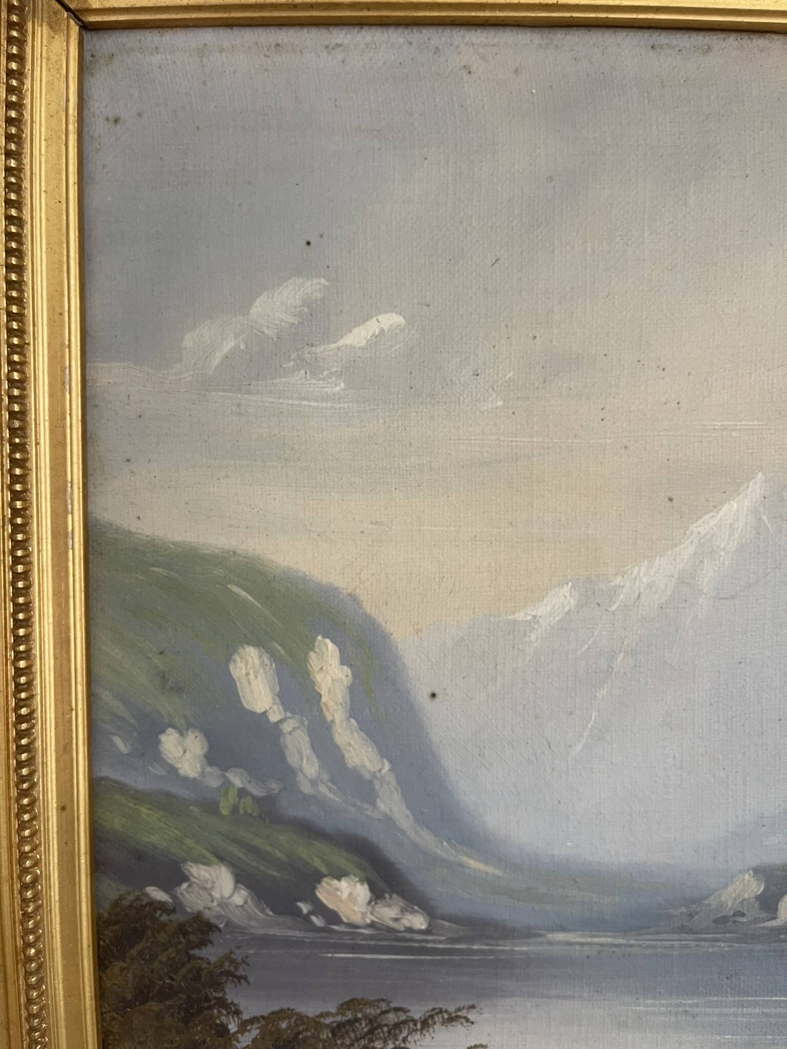 Old Oil Painting Canvas Swiss School Mountain Lake Shepherd Signed