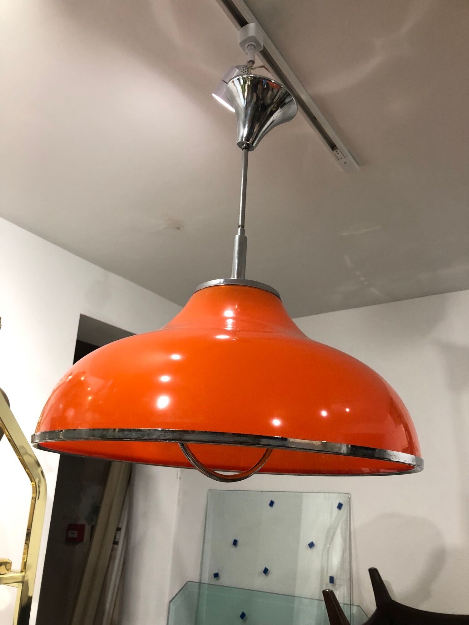 1960s Round Orange Chrome Pendant Light Guzzini style Bedroom Ceiling Lamp