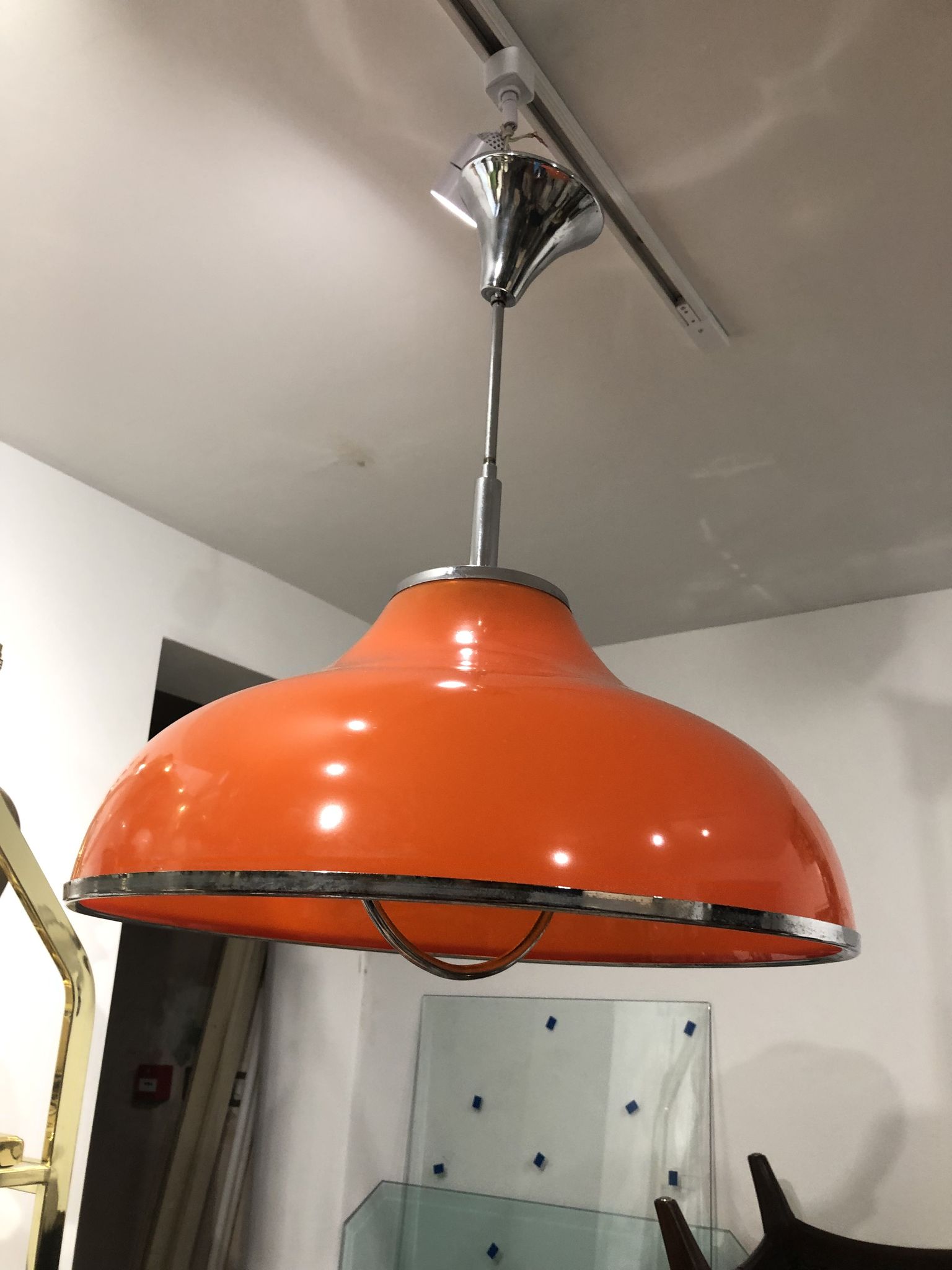 1960s Round Orange Chrome Pendant Light Guzzini style Bedroom Ceiling Lamp