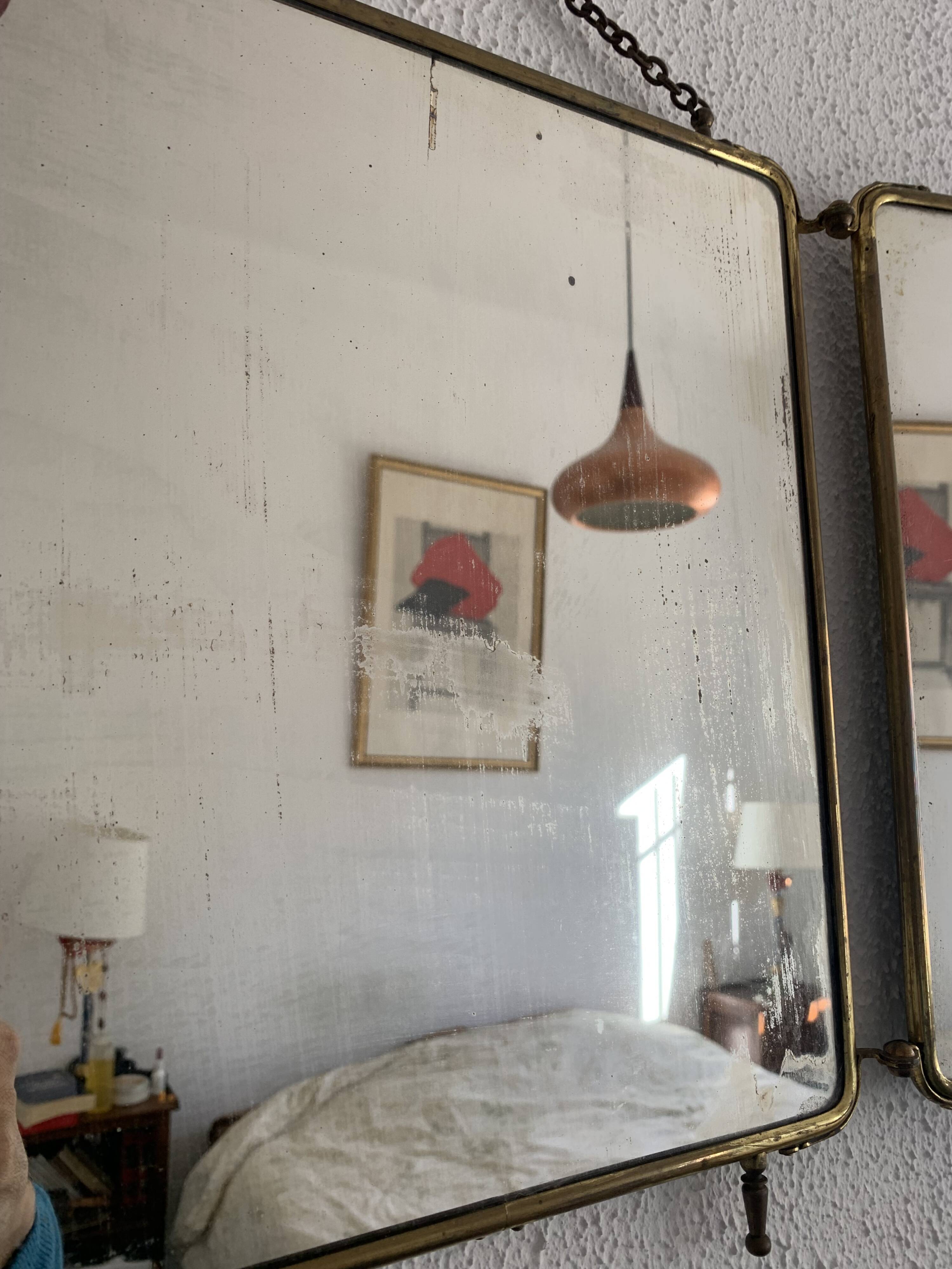 Vintage 1920s triptych barber mirror in gold and green faux crocodile leather - 37 x 87