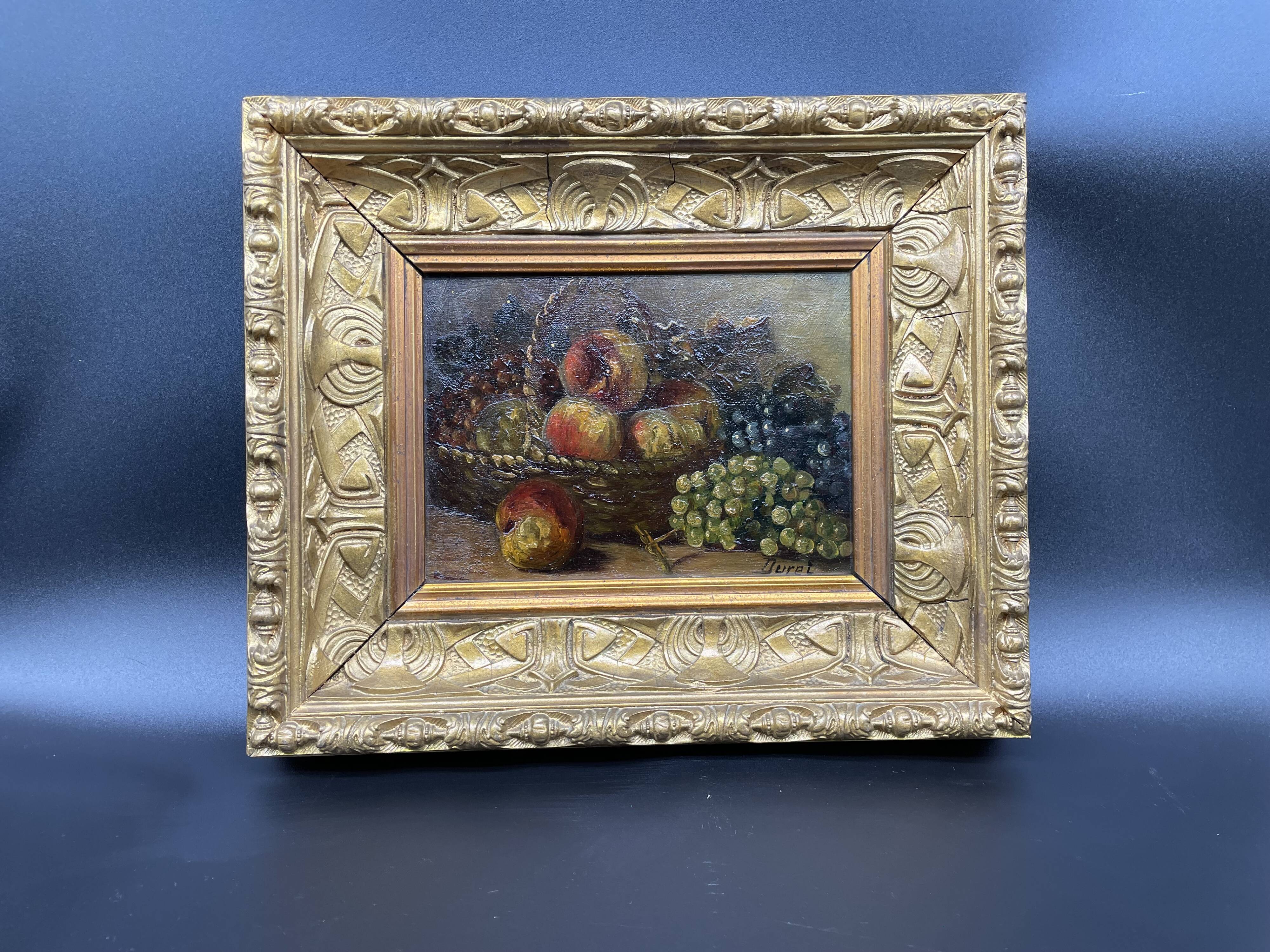 Peinture à l'huile nature morte aux fruits pêches et raisons, panier tressé, signé DURET
