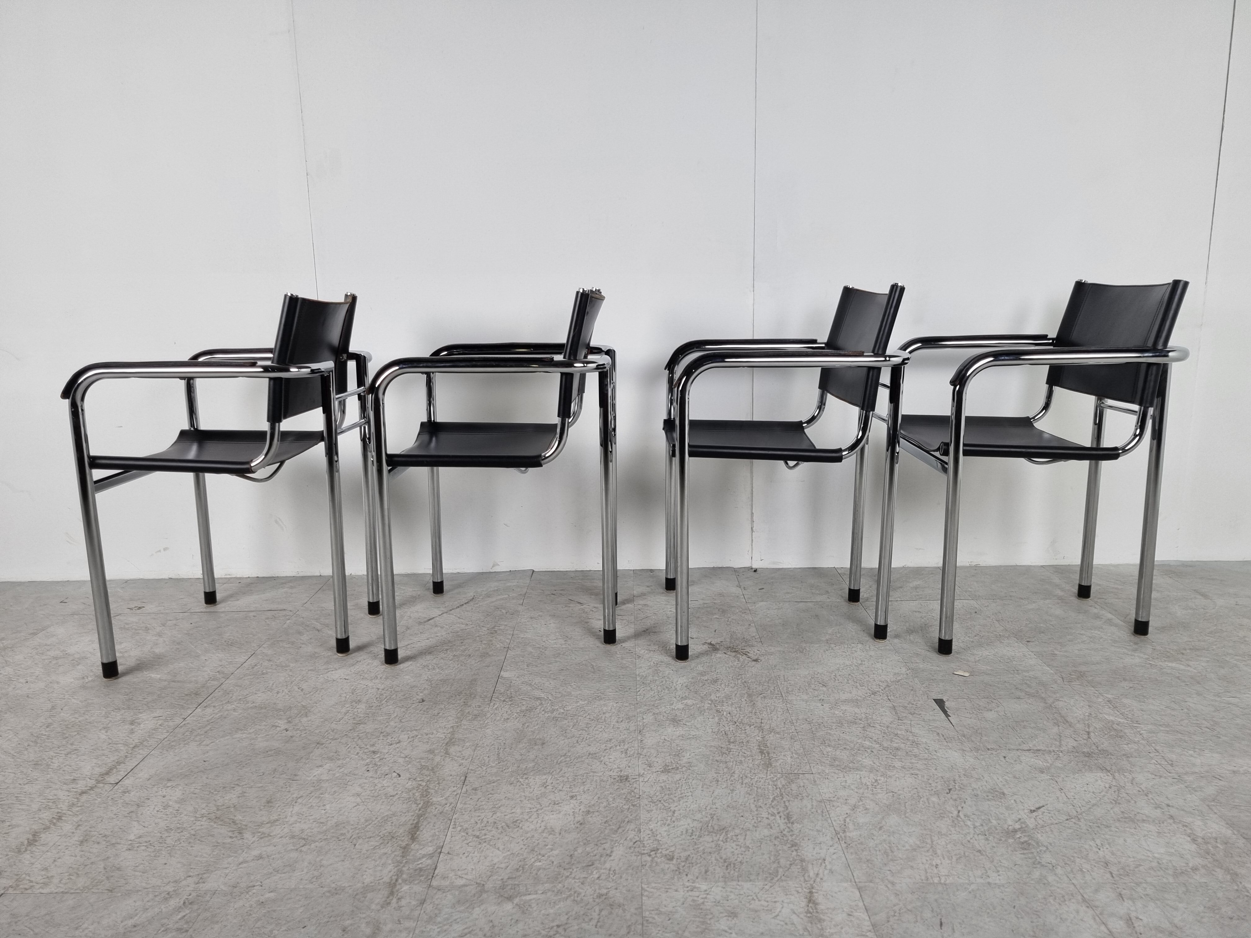 Vintage chrome and leather dining chairs set of 4 - 1980s