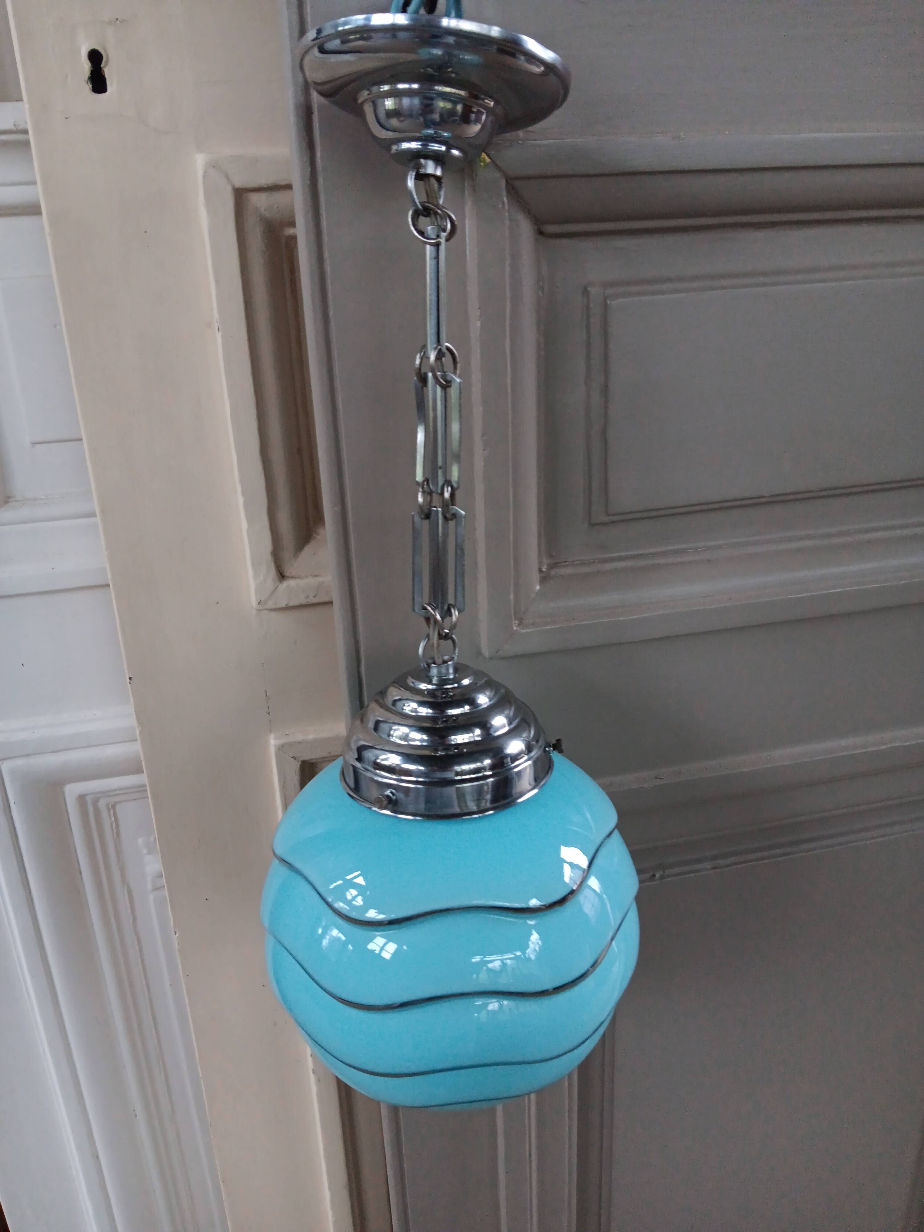 Bauhaus pendant light, blue and silver glass globe