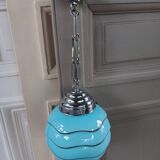Bauhaus pendant light, blue and silver glass globe
